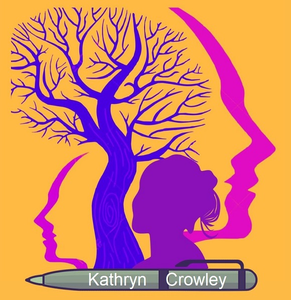 A tree and faces on top of  a pen.  Purple and yellow graphic design by Kathryn Crowley.