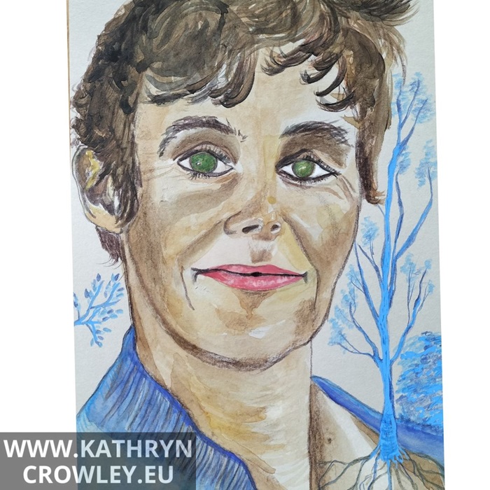 A portrait of a woman painted in watercolours showing a tree.  Art by Kathryn Crowley.